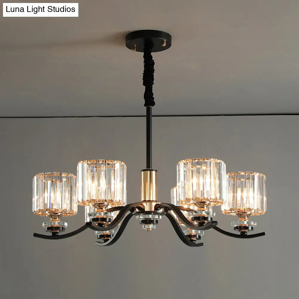 6-Bulb Black Crystal Prisms Bedroom Chandelier With Cylinder Hanging Ceiling Light