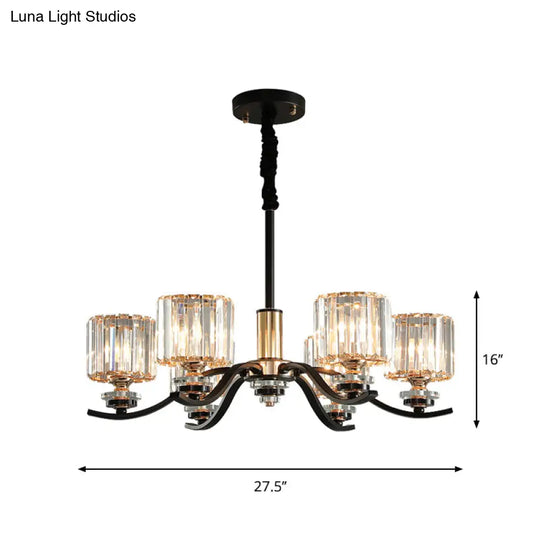 6-Bulb Black Cylinder Hanging Ceiling Light With Crystal Prisms - Elegant Bedroom Chandelier Lamp