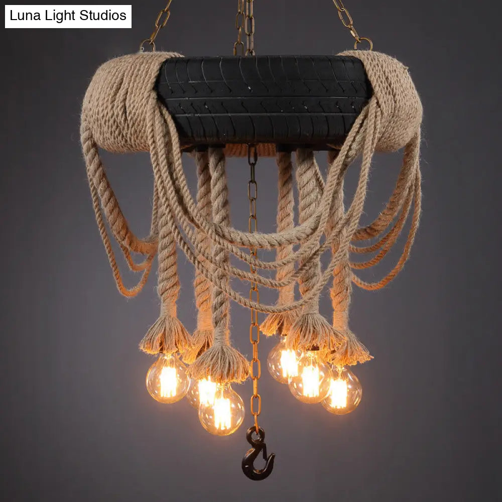 6-Bulb Black Tyre Chandelier: Industrial Rubber Bistro Suspension Lamp With Hemp Rope