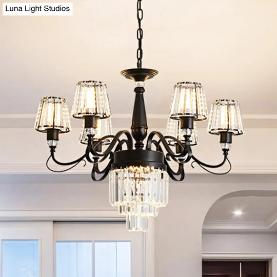 6-Bulb Crystal Rectangle Hanging Chandelier With Conic Shade Black