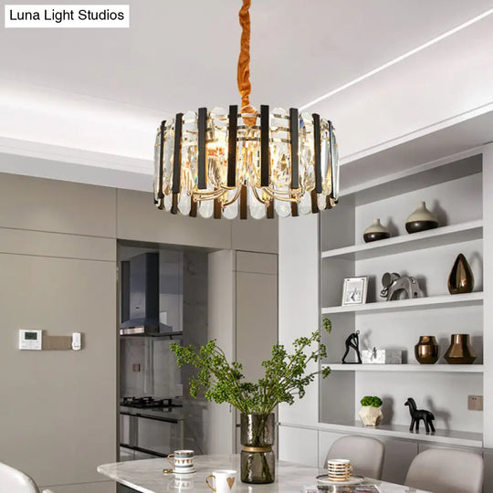 Black And Gold 6-Bulb Chandelier With Beveled Crystal Shade For Dining Room Lighting