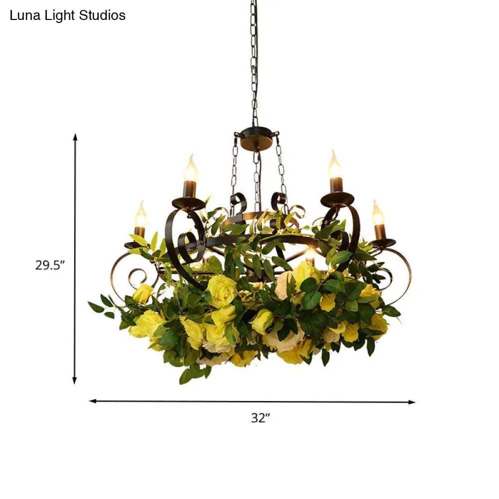 Industrial Black Metal Led Chandelier With 6 Bulbs Candle Pendant Design Rose Decoration