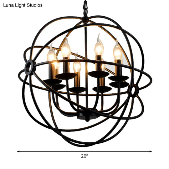6-Bulb Spherical Hanging Light: Black Iron Chandelier Pendant For Restaurants