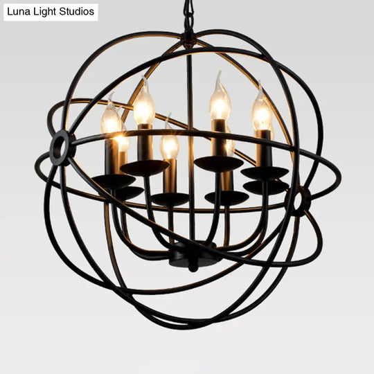 6-Bulb Spherical Hanging Light: Black Iron Chandelier Pendant For Restaurants