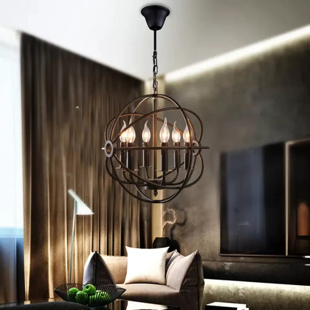 6-Bulb Spherical Hanging Light: Black Iron Chandelier Pendant For Restaurants