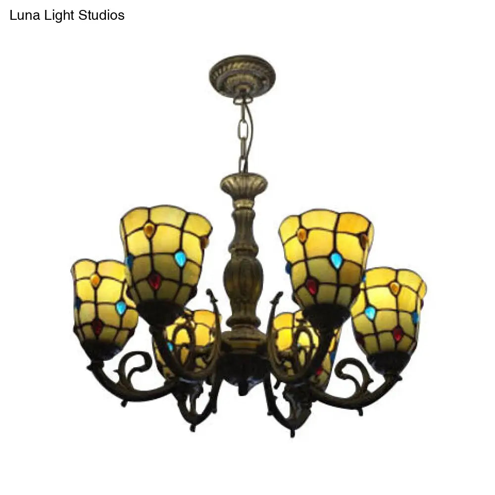 6 Bulb Tiffany Vintage Glass Chandelier - Yellow Bell Hanging Light For Study Room