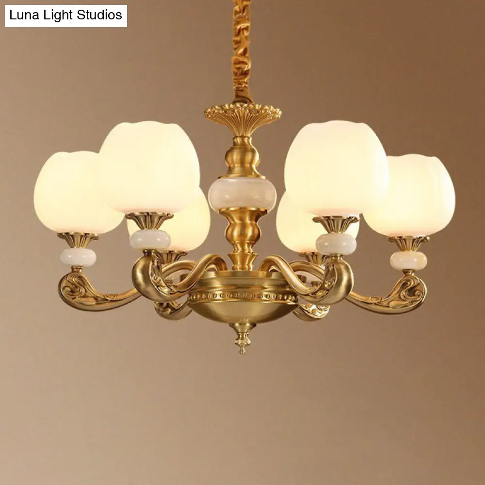 6-Bulb Traditional Ivory Glass Flowerbud Chandelier In Gold - Stylish Hanging Ceiling Light