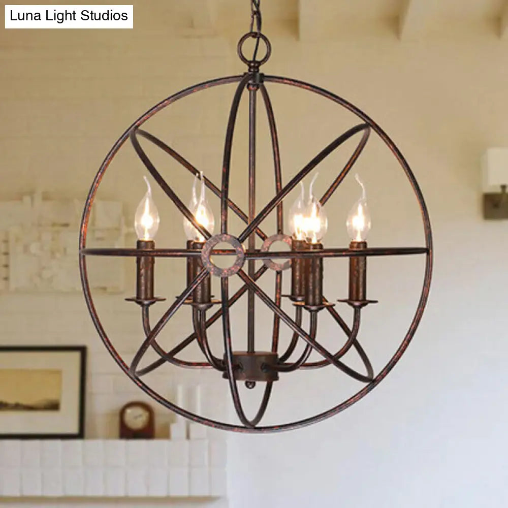 Wrought Iron Chandelier With 6 Orbit Globe Bulbs - Industrial Pendant Light Fixture For Restaurants