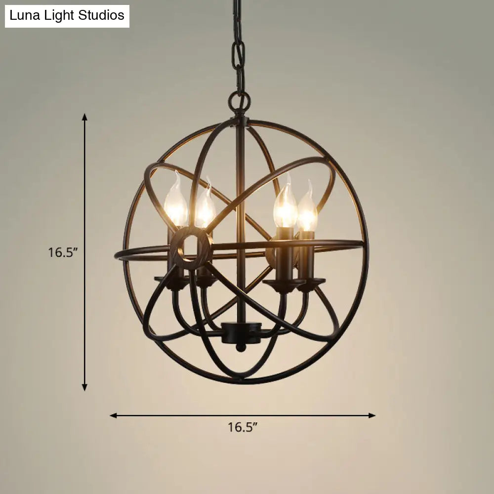 Wrought Iron Chandelier With 6 Orbit Globe Bulbs - Industrial Pendant Light Fixture For Restaurants