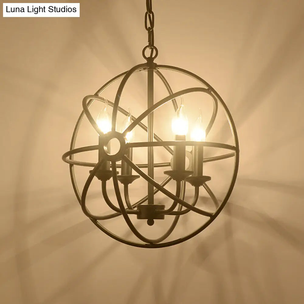 Wrought Iron Chandelier With 6 Orbit Globe Bulbs - Industrial Pendant Light Fixture For Restaurants