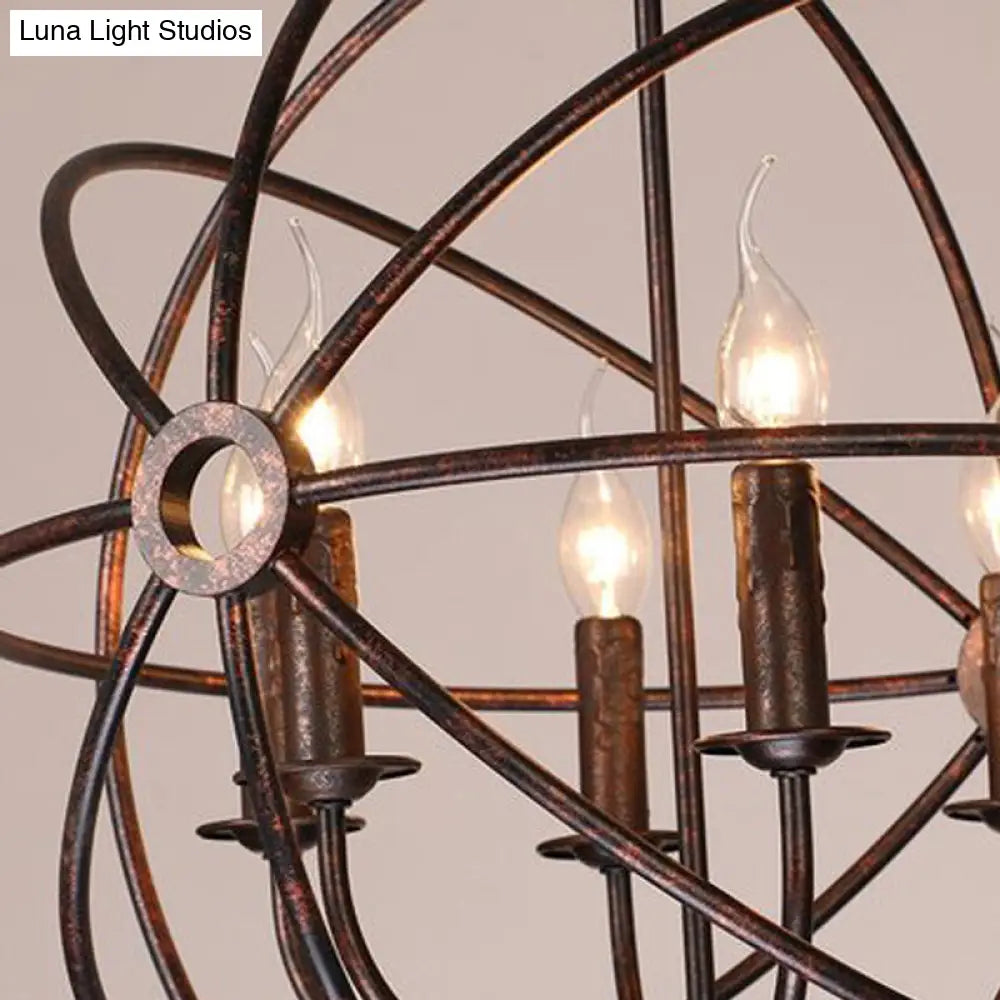 Wrought Iron Chandelier With 6 Orbit Globe Bulbs - Industrial Pendant Light Fixture For Restaurants