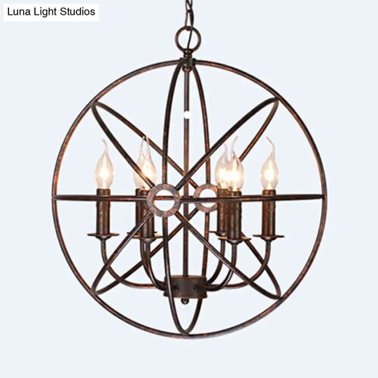 Wrought Iron Chandelier With 6 Orbit Globe Bulbs - Industrial Pendant Light Fixture For Restaurants