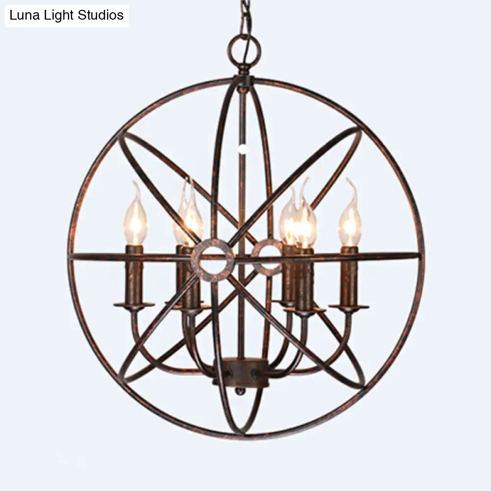 6-Bulb Wrought Iron Chandelier: Industrial Orbit Globe Pendant Light For Restaurants