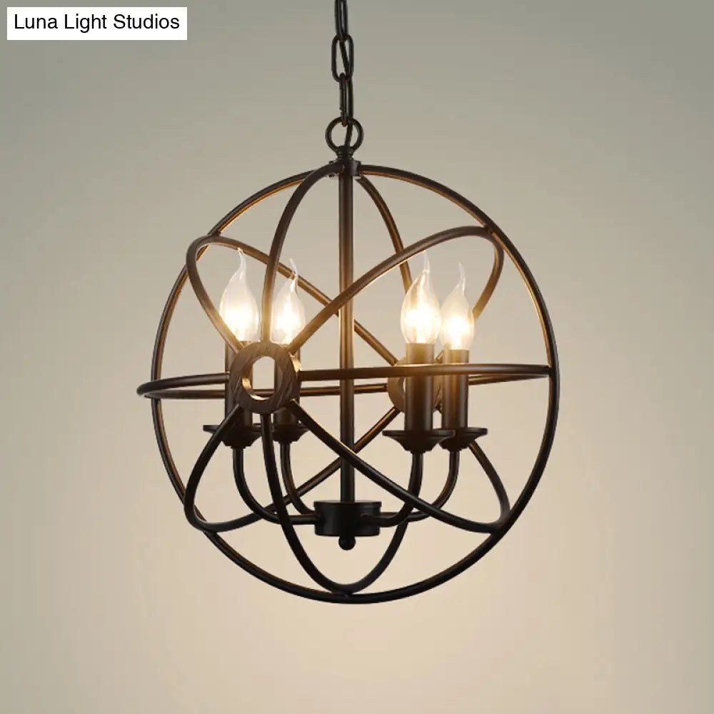 Wrought Iron Chandelier With 6 Orbit Globe Bulbs - Industrial Pendant Light Fixture For Restaurants