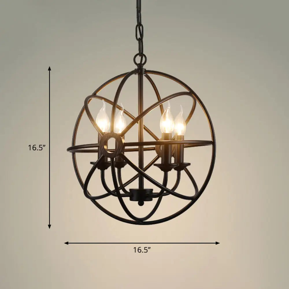 6-Bulb Wrought Iron Chandelier: Industrial Orbit Globe Pendant Light For Restaurants Black