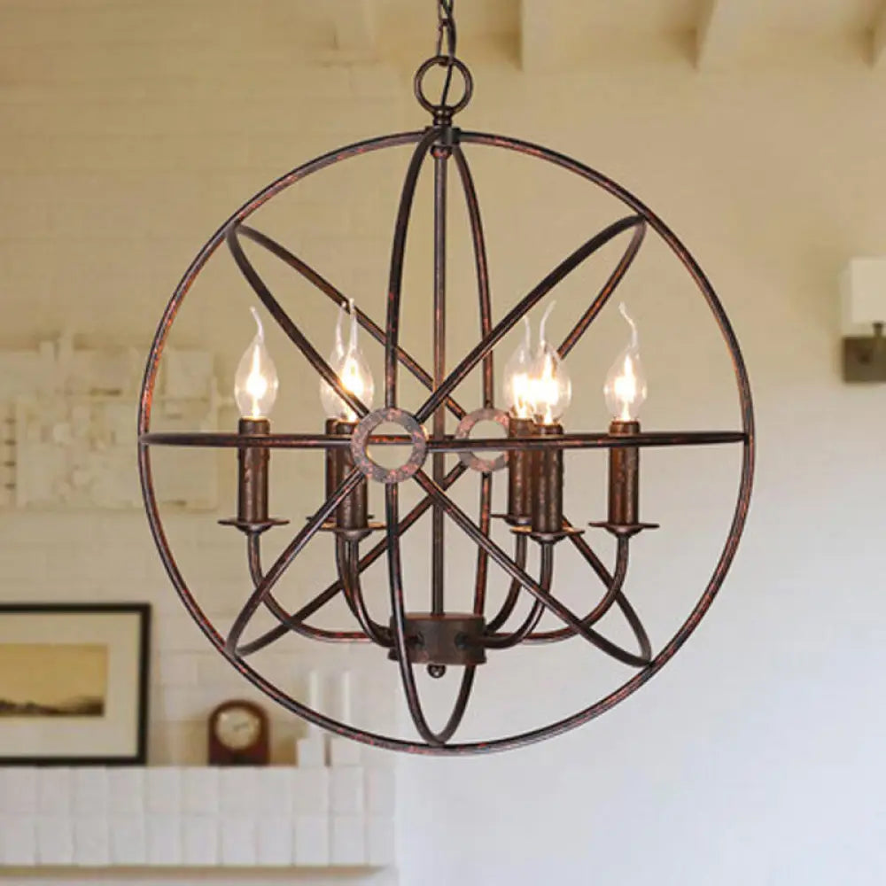 6-Bulb Wrought Iron Chandelier: Industrial Orbit Globe Pendant Light For Restaurants Rust