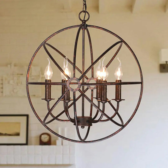 6-Bulb Wrought Iron Chandelier: Industrial Orbit Globe Pendant Light For Restaurants Rust