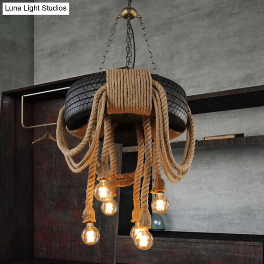 Vintage Style 6-Light Hemp Rope Chandelier In Black - Antique Tyre Ceiling Lighting