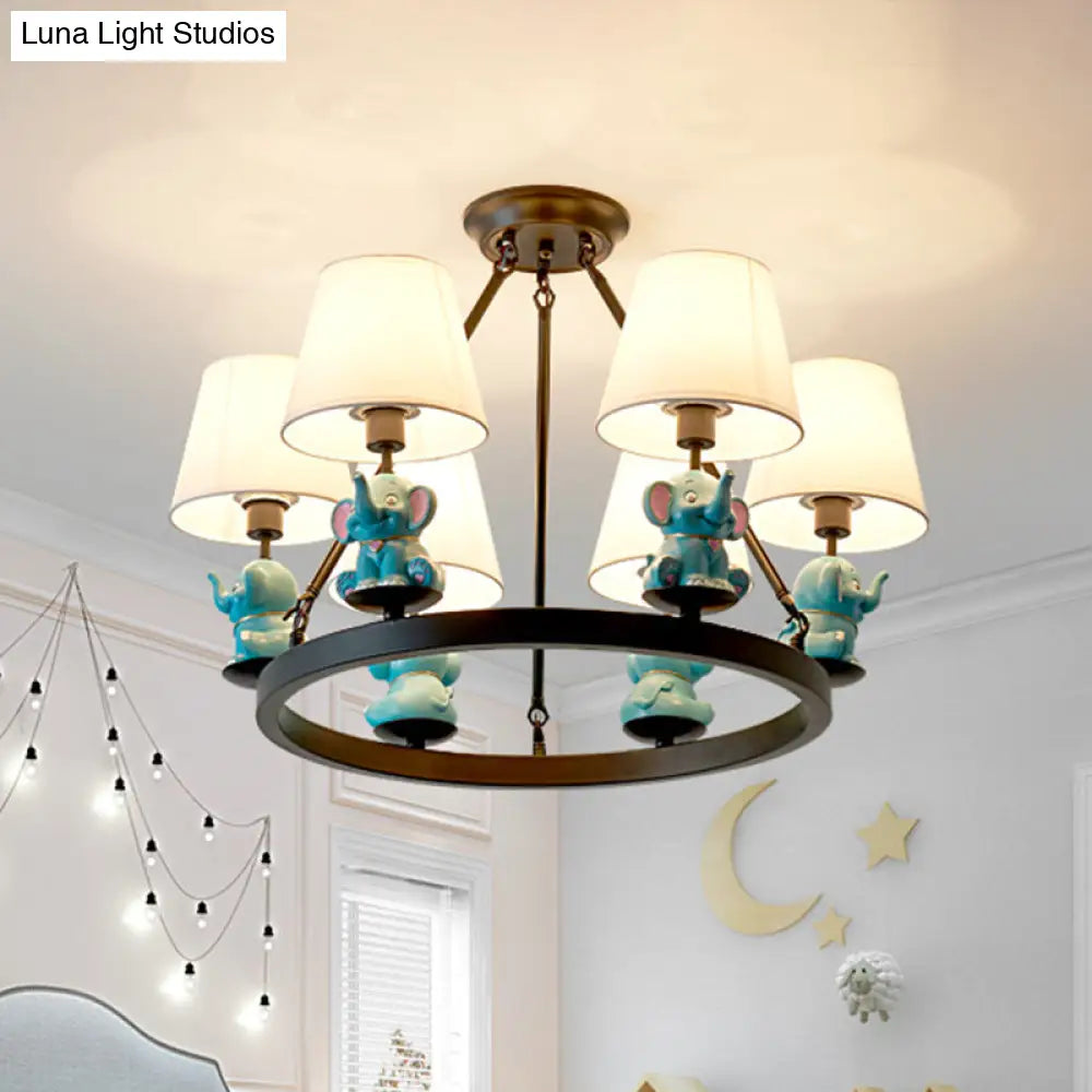 6-Head Black Ring Chandelier With Cone Fabric Shade And Elephant Decor In Pink Or Blue