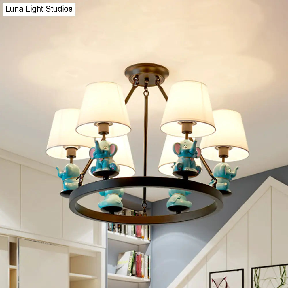 6-Head Black Ring Chandelier With Cone Fabric Shade And Elephant Decor In Pink Or Blue