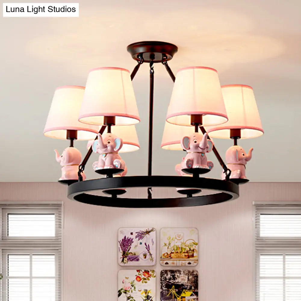 6-Head Black Ring Chandelier With Cone Fabric Shade And Elephant Decor In Pink Or Blue