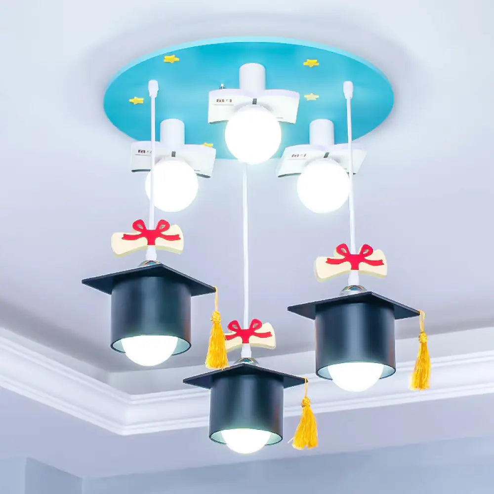 6-Head Blue Metal Cluster Pendant Light For Kids Bedroom - Bachelor Cap Design With Down Lighting