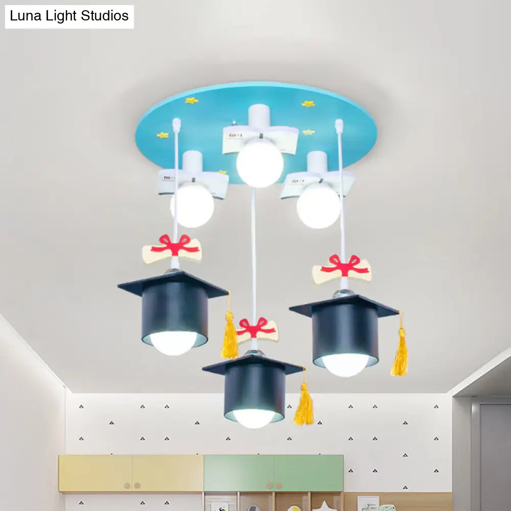 6-Head Blue Metal Cluster Pendant Light For Kids Bedroom - Bachelor Cap Design With Down Lighting