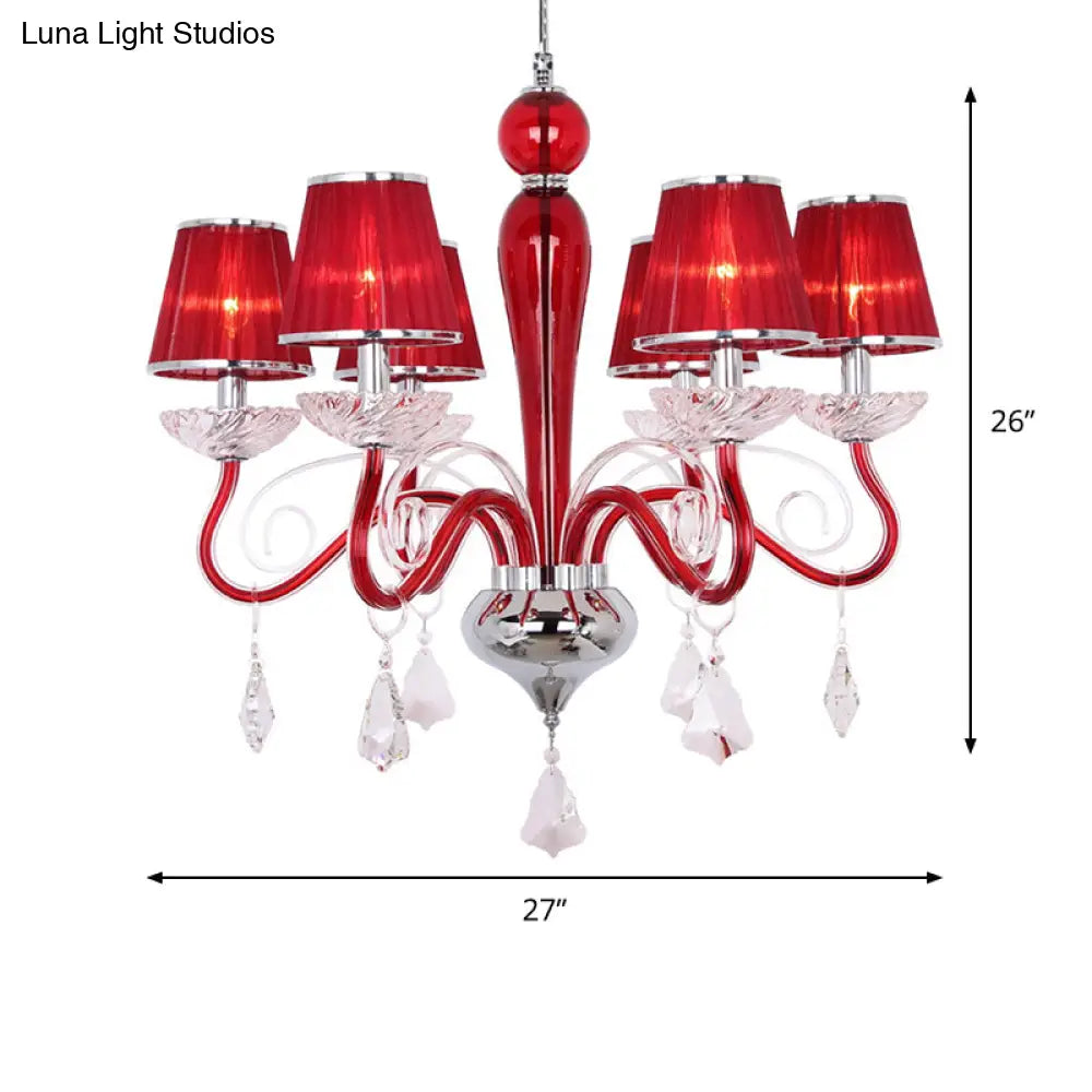 6-Head Chandelier Light Fixture: Conical Fabric Shade Crystal Dining Room Pendant Lighting