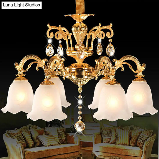 6-Head Gold Flower Down Lighting Chandelier With Crystal Teardrops - Traditional Cream Glass Perfect