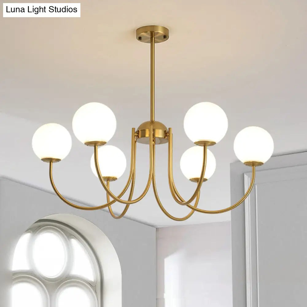 6-Head Living Room Chandelier: Modern Gold Hanging Light With Milk Glass Shade And Orb Design