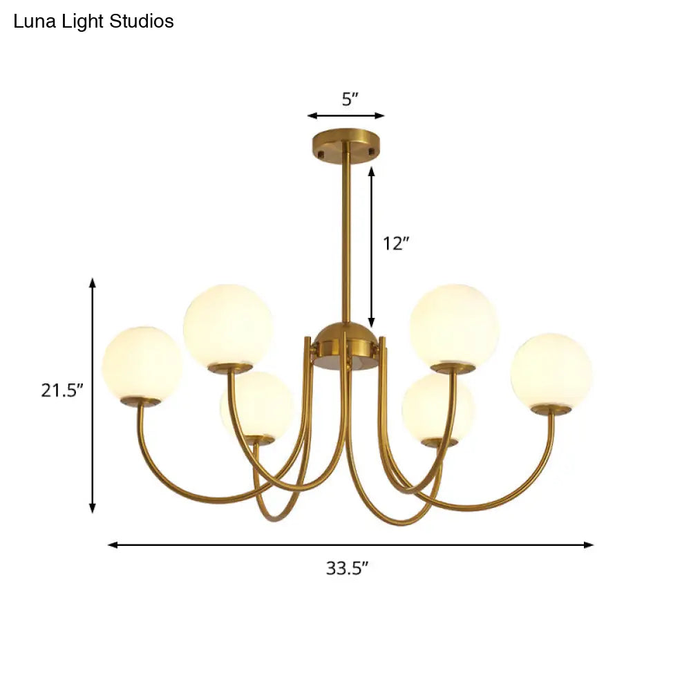 6-Head Living Room Chandelier: Modern Gold Hanging Light With Milk Glass Shade And Orb Design