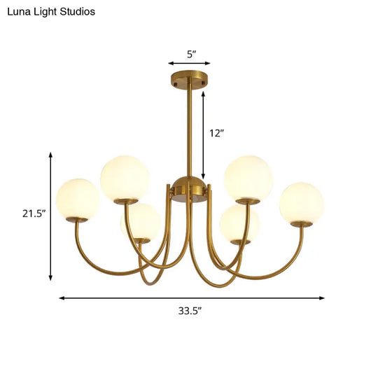 6-Head Living Room Chandelier: Modern Gold Hanging Light With Milk Glass Shade And Orb Design