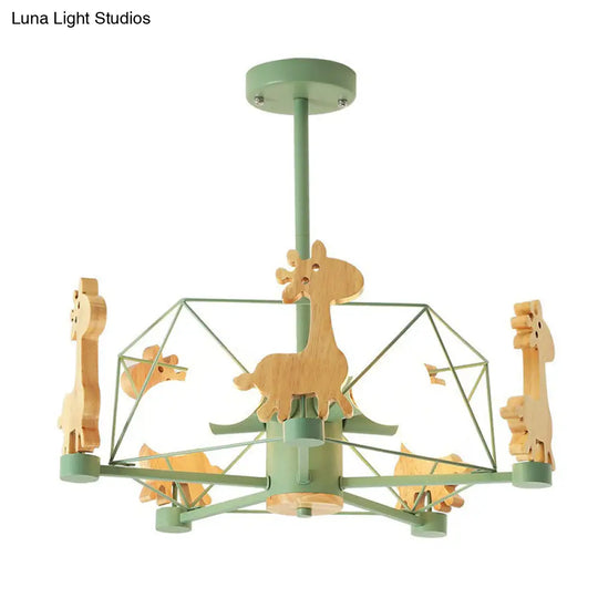 6-Head Macaron Caged Suspension Light With Wooden Deer Decor - Kids Bedroom Chandelier