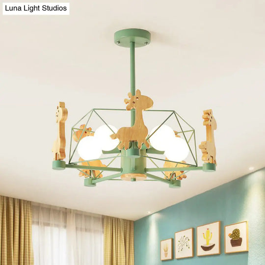 6-Head Macaron Caged Suspension Light With Wooden Deer Decor - Kids Bedroom Chandelier