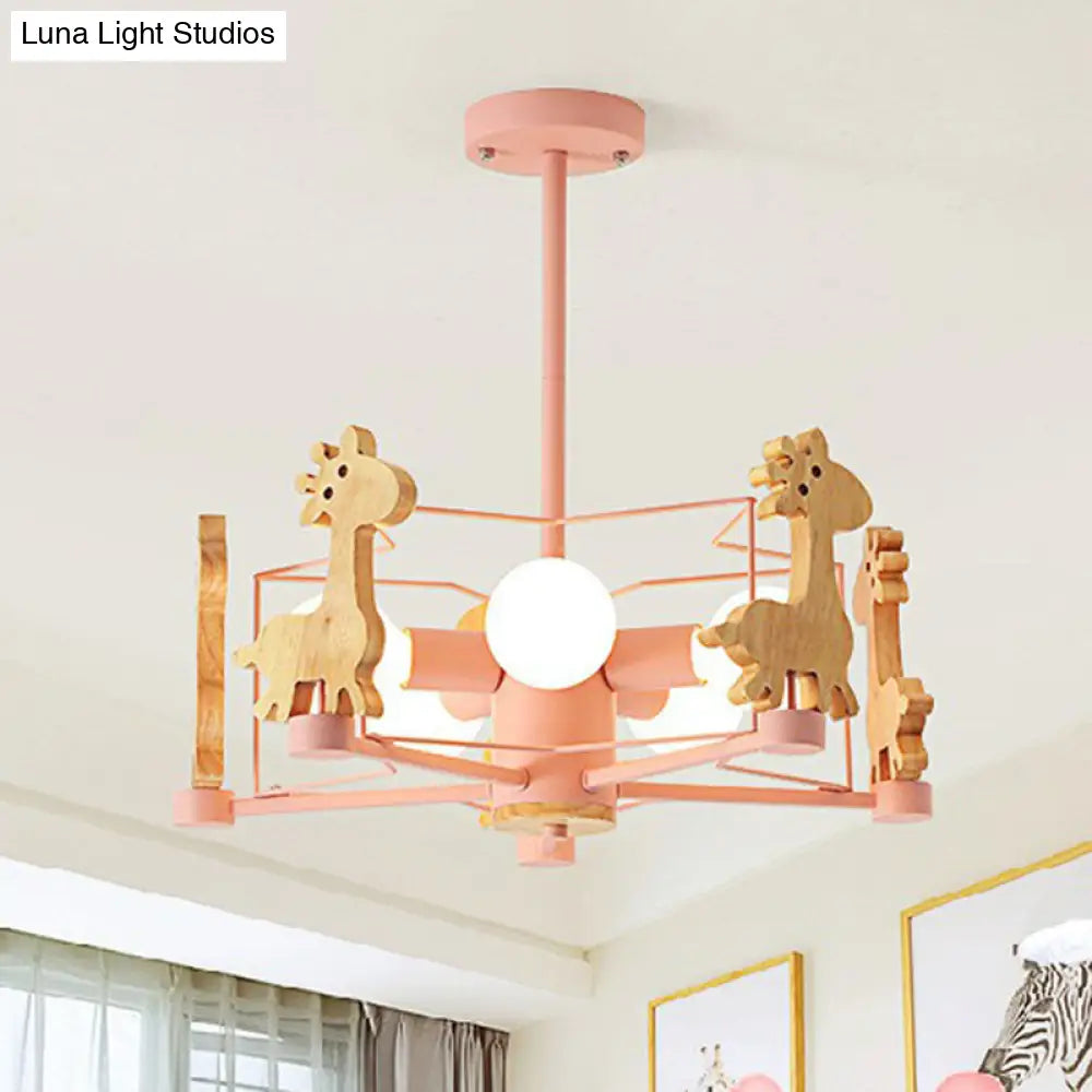 6-Head Macaron Caged Suspension Light With Wooden Deer Decor - Kids Bedroom Chandelier