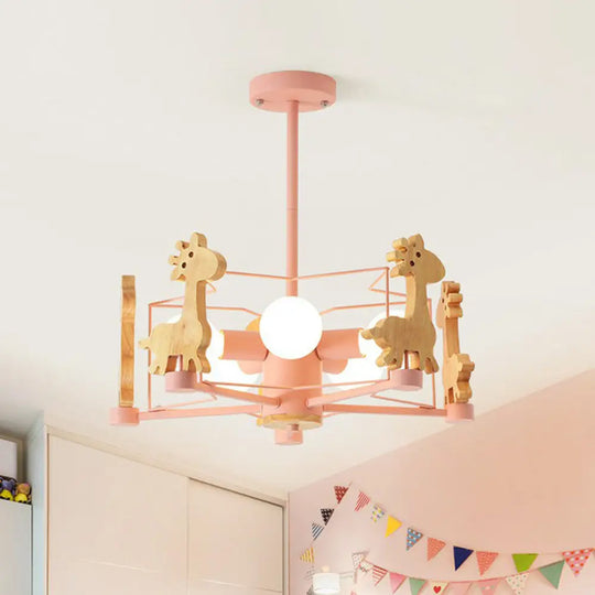 6-Head Macaron Caged Suspension Light With Wooden Deer Decor - Kids Bedroom Chandelier Pink