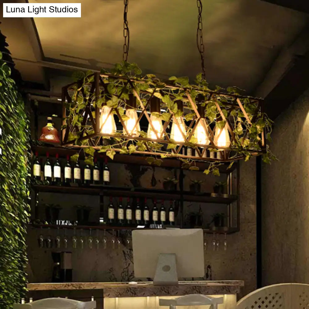 6-Head Metal Island Pendant - Antique Black Rectangular Led Down Lighting For Restaurants With Plant