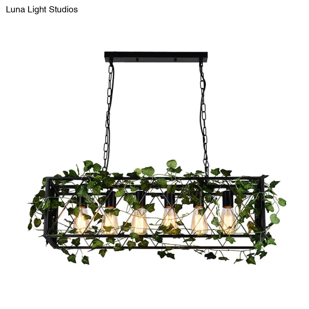 6-Head Metal Island Pendant - Antique Black Rectangular Led Down Lighting For Restaurants With Plant