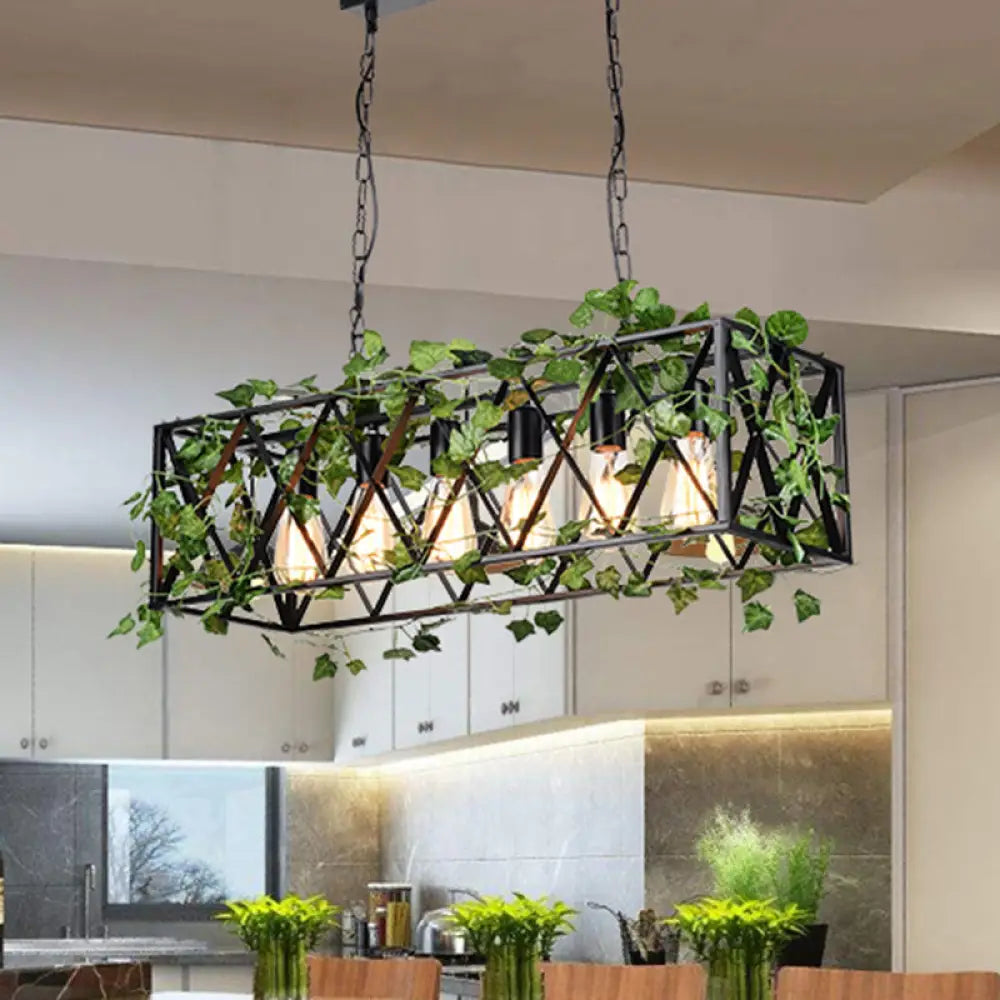 6-Head Metal Island Pendant - Antique Black Rectangular Led Down Lighting For Restaurants With Plant