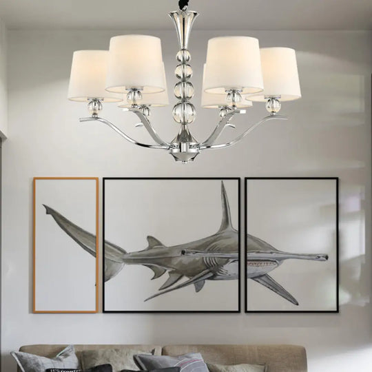 6-Head Minimalist Ceiling Lamp With Fabric Shade - Chrome Cone Chandelier Light For Dining Room