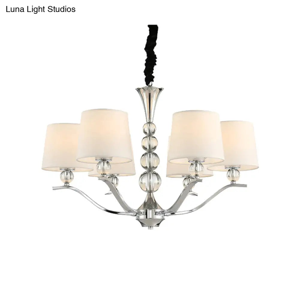 Modern 6-Head Dining Room Ceiling Lamp: Chic Fabric Shade With Chrome Cone Chandelier Light