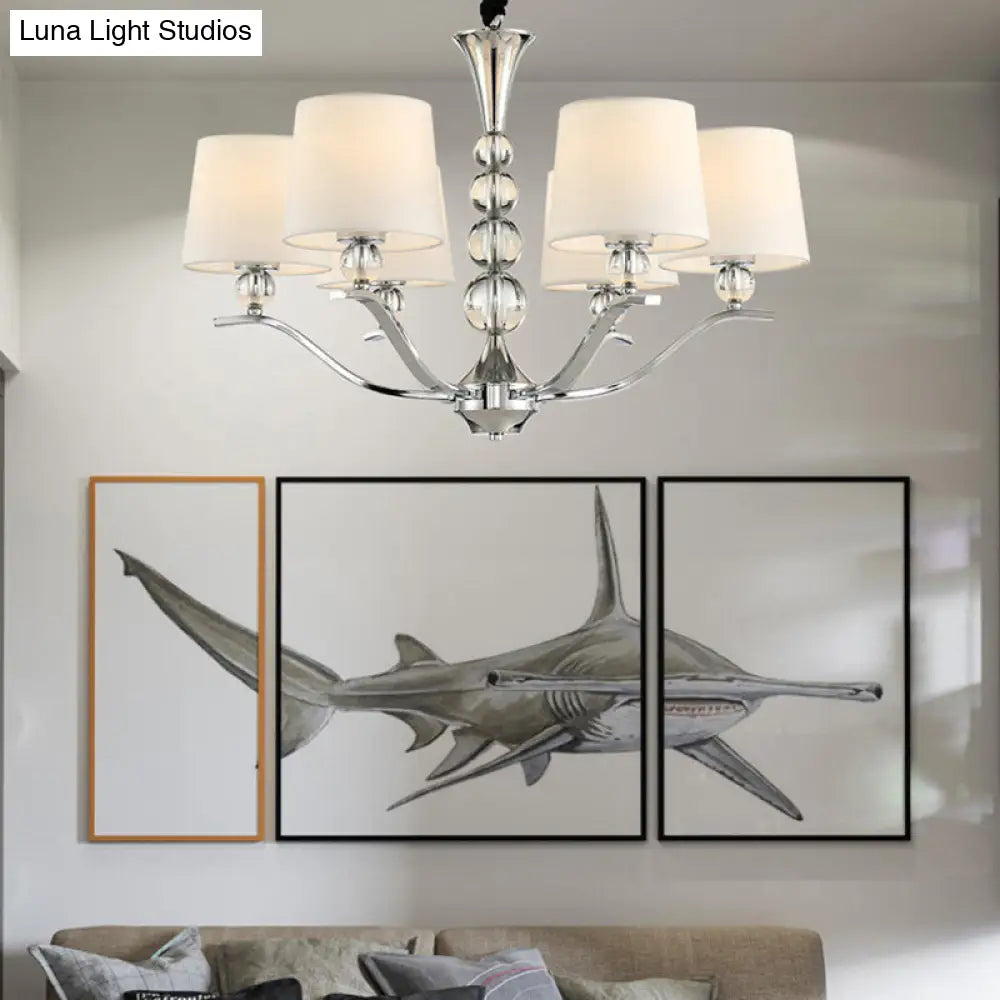 Modern 6-Head Dining Room Ceiling Lamp: Chic Fabric Shade With Chrome Cone Chandelier Light