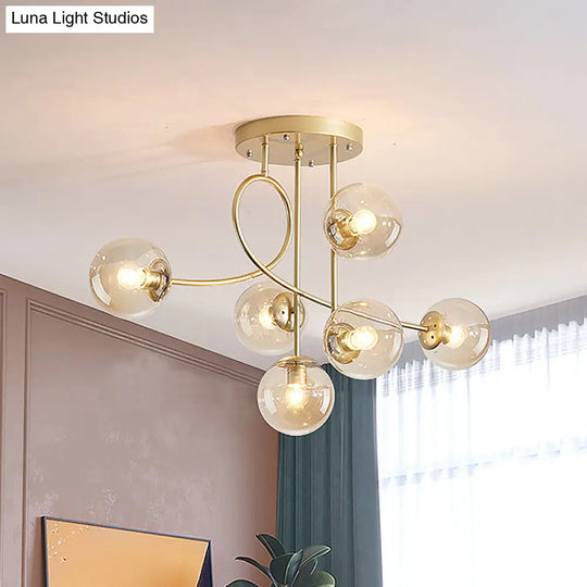 6-Head Modern Brass Chandelier With Clear Glass Shade - Stylish Ceiling Hang Fixture