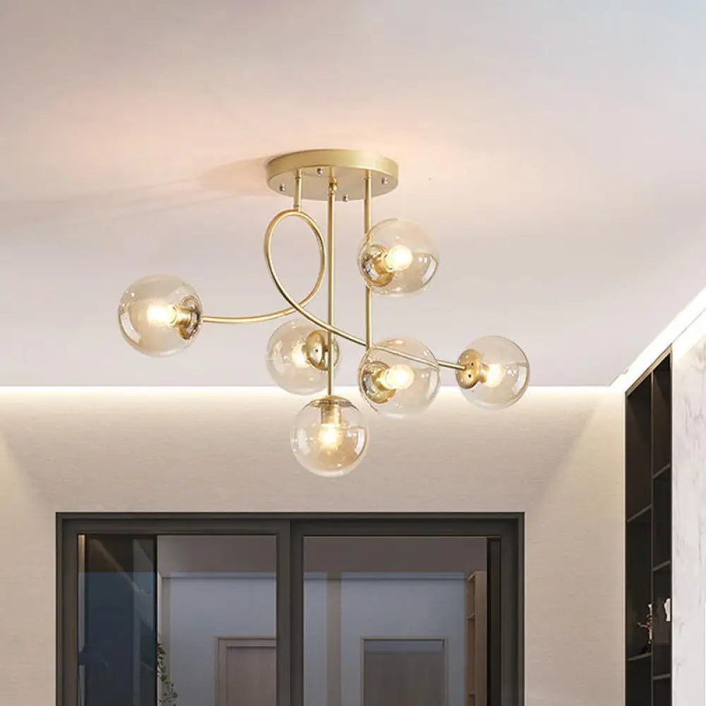 6-Head Modern Brass Chandelier With Clear Glass Shade - Stylish Ceiling Hang Fixture