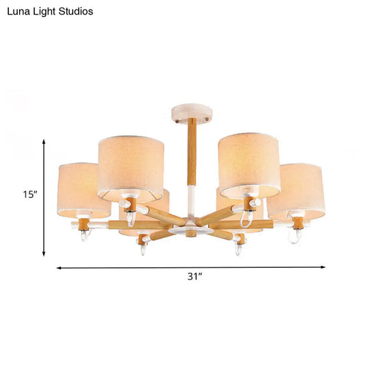 6-Head Nordic Wooden Semi Flush Chandelier With Fabric Shade For Living Room Ceiling