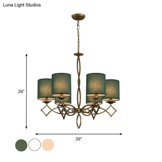 6-Light Chandelier Lamp With Drum Shade And Fabric Pendant In White/Beige/Green - Metal Twisted Arm