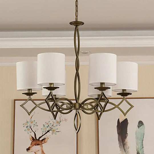 6-Light Chandelier Lamp With Drum Shade And Fabric Pendant In White/Beige/Green - Metal Twisted Arm