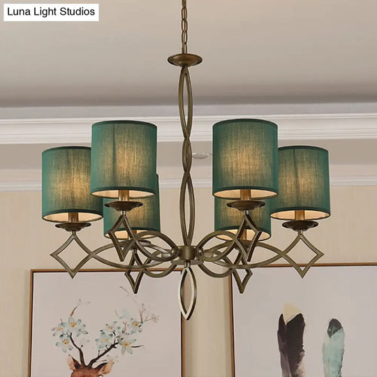 6-Light Chandelier Lamp With Drum Shade And Fabric Pendant In White/Beige/Green - Metal Twisted Arm