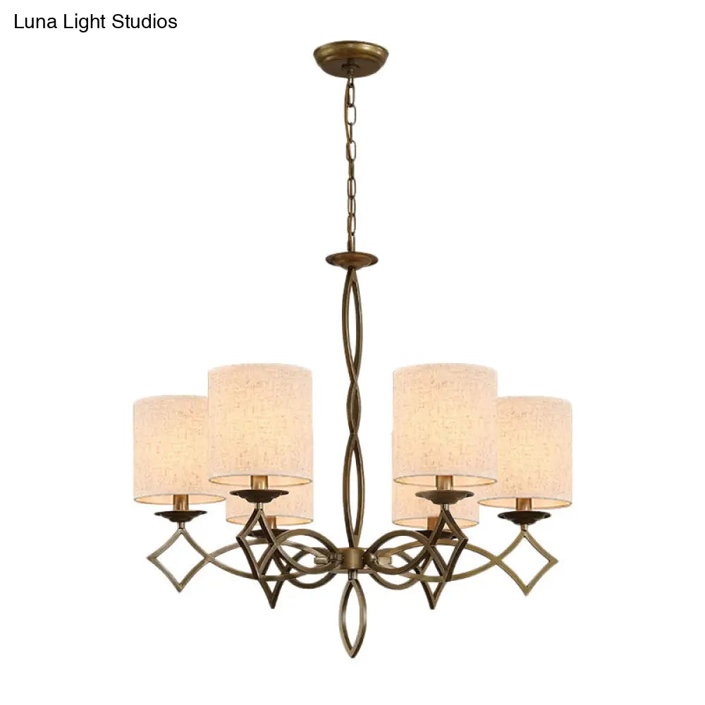 6-Light Chandelier Lamp With Drum Shade And Fabric Pendant In White/Beige/Green - Metal Twisted Arm