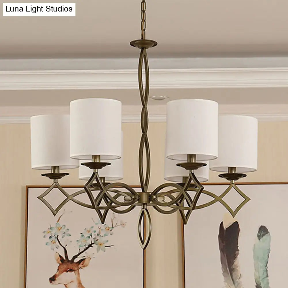 6-Light Chandelier Lamp With Drum Shade And Fabric Pendant In White/Beige/Green - Metal Twisted Arm